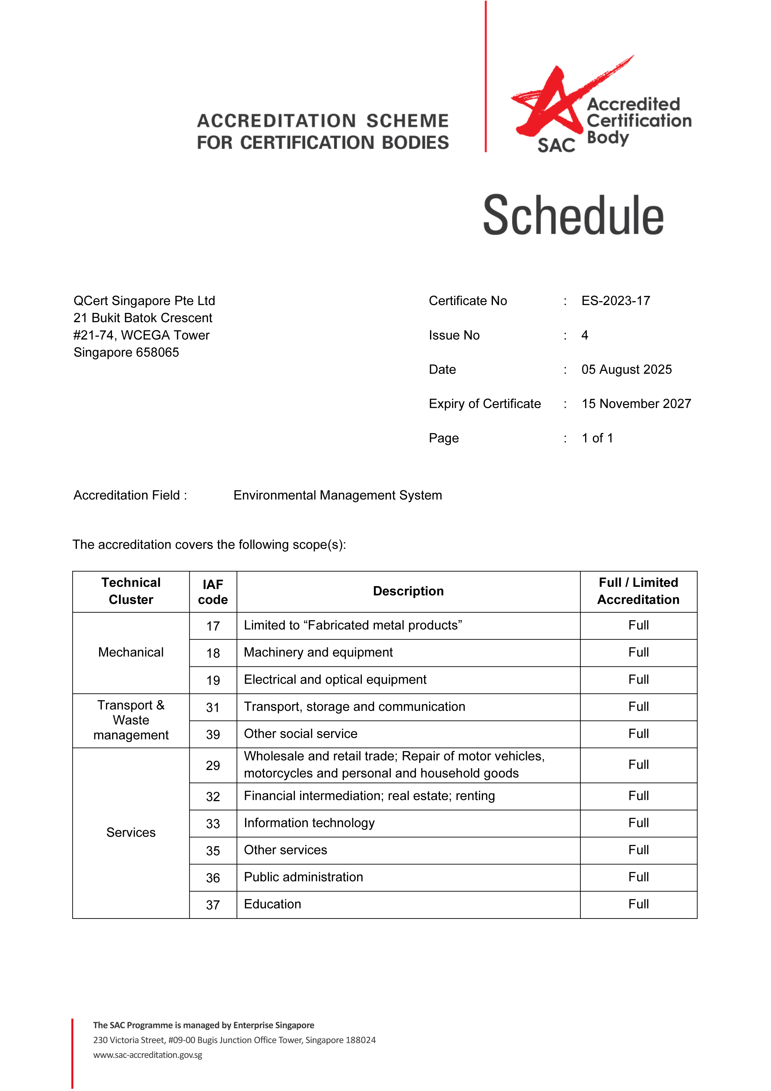 SAC Schedule — ISO 14001