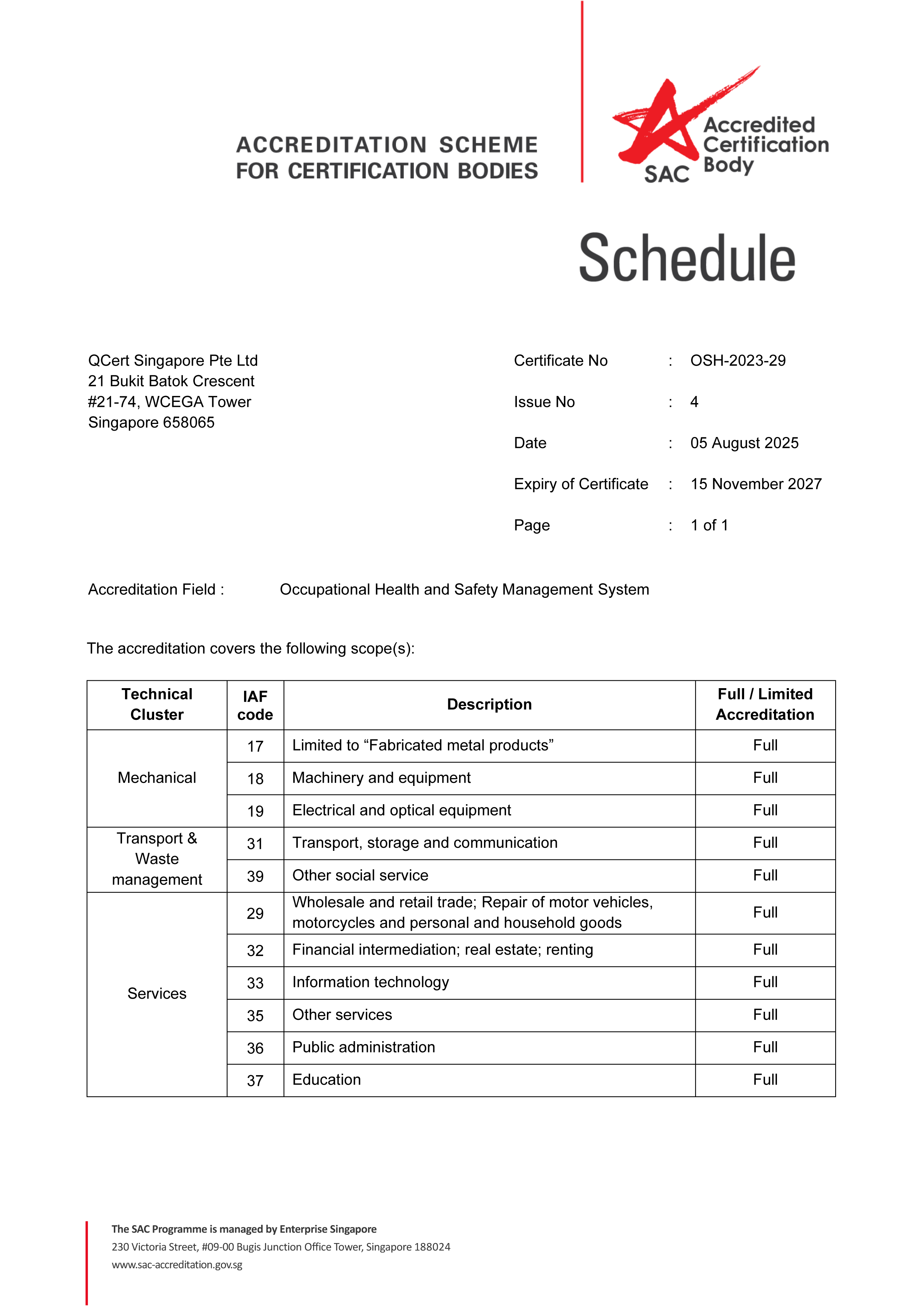 SAC Schedule — ISO 45001